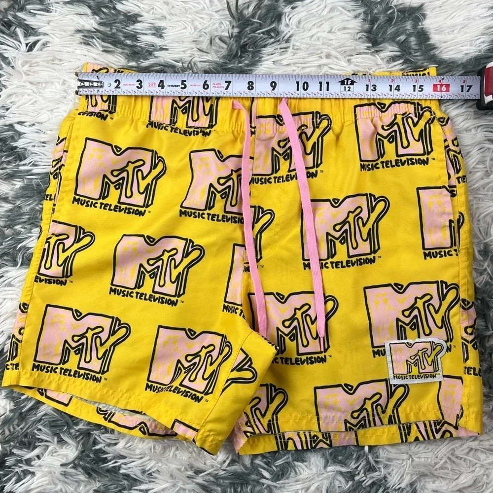 MTV Men's Yellow Pink Swim Trunks Logo Print Size Medium No Lining